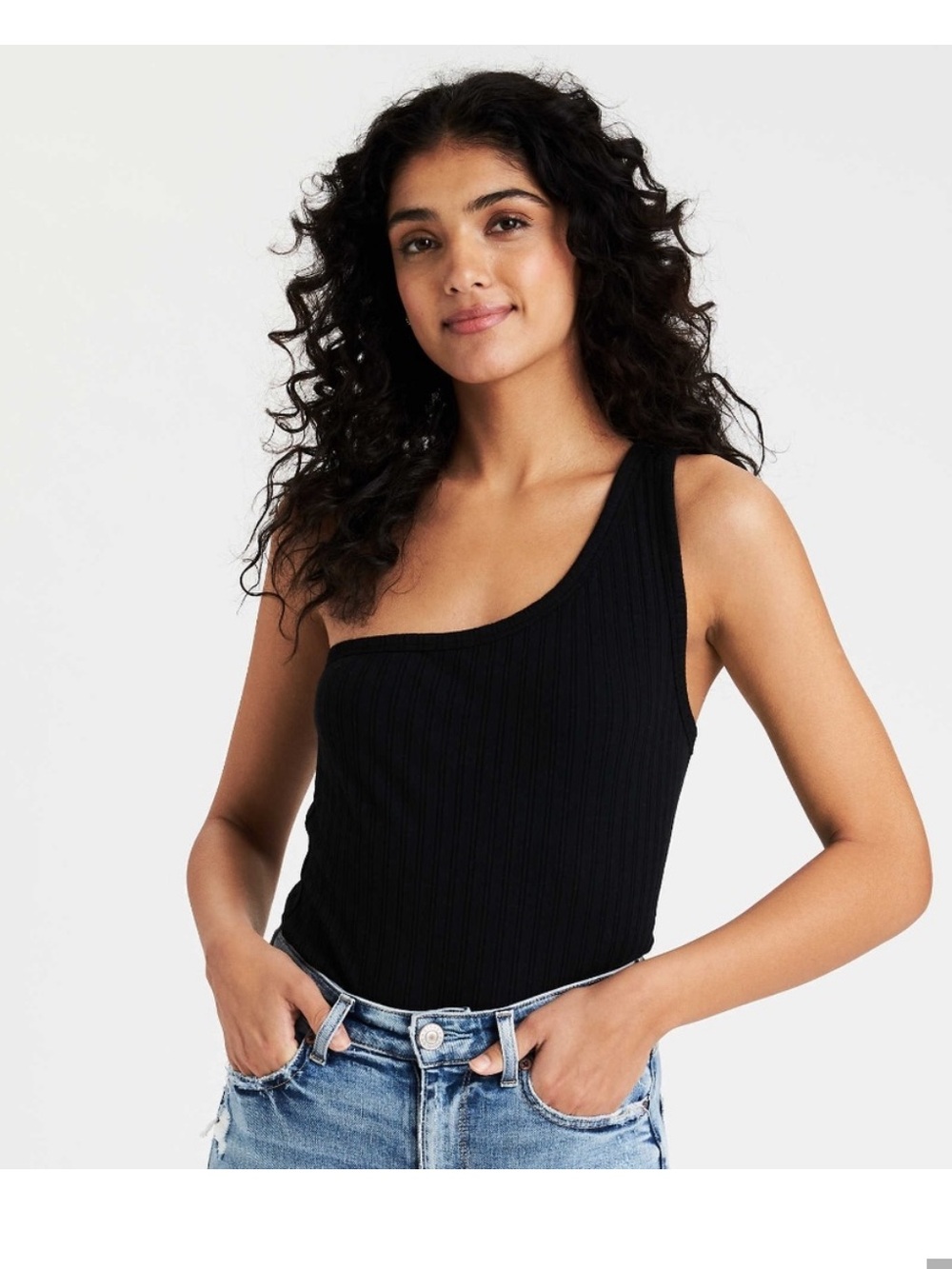 American Eagle Black One-Shoulder Ribbed Tank Top